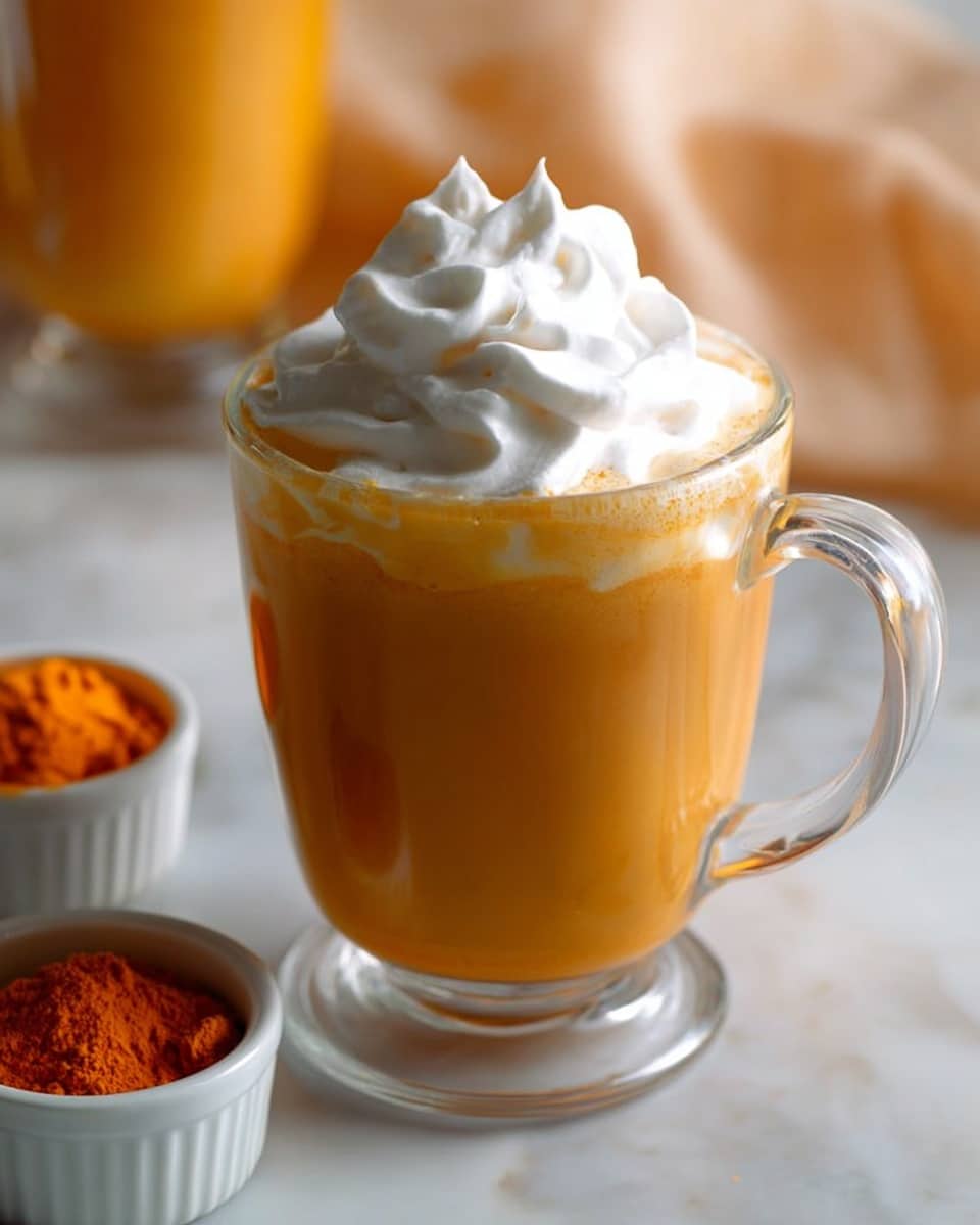 A clear glass mug filled with a warm orange-colored drink showing a smooth and creamy texture, topped with a large, fluffy swirl of white whipped cream that rises above the rim, set on a white marbled surface with blurred small white bowls containing orange powder and a glass of similar orange drink in the background, creating a cozy and inviting scene; photo taken with an iphone --ar 4:5 --v 7
