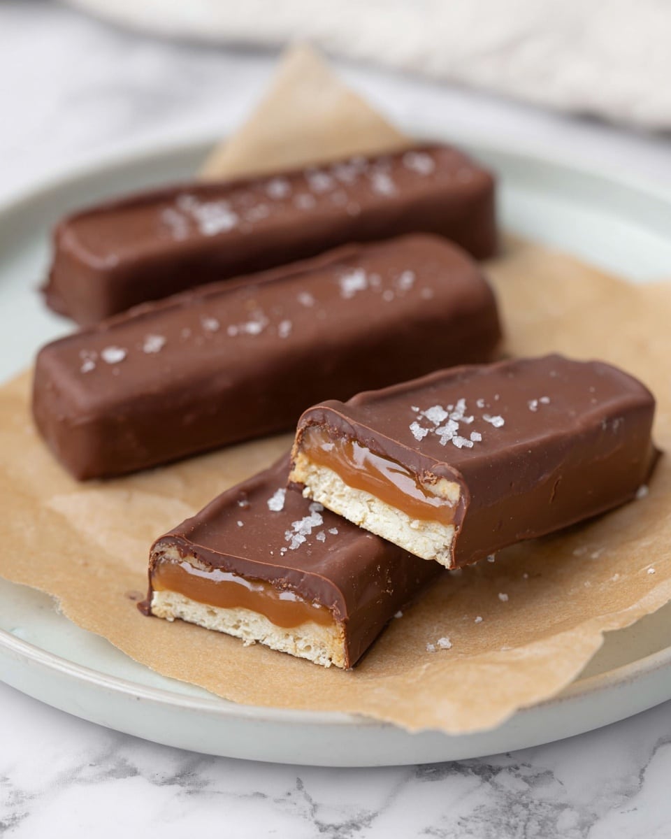 Three chocolate bars rest on light brown parchment paper on a white plate with a white marbled surface underneath. Two whole bars lay flat in the background, coated in smooth milk chocolate with a few scattered flakes of sea salt on top. In the foreground, one chocolate bar is broken in half showing three layers inside: a bottom layer of light beige crisp biscuit, a middle layer of glossy caramel, and a top layer of thick milk chocolate coated in small salt flakes. The chocolate coating has a soft texture around the edges. Photo taken with an iphone --ar 4:5 --v 7