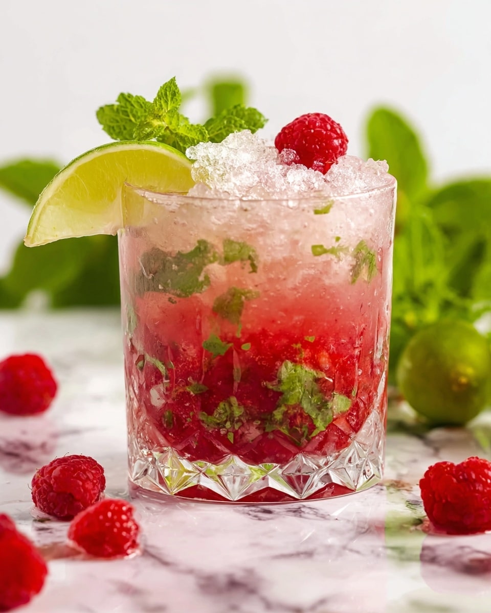 A clear faceted glass filled with crushed ice and pink-red drink layers showing muddled green mint leaves and small raspberry pieces at the bottom, topped with more crushed ice and a light frosty texture near the rim; garnished with a bright red raspberry and a thin slice of lime on the glass edge, set on a white marbled surface with fresh green mint leaves and whole raspberries scattered around, bright and fresh lighting, photo taken with an iphone --ar 4:5 --v 7
