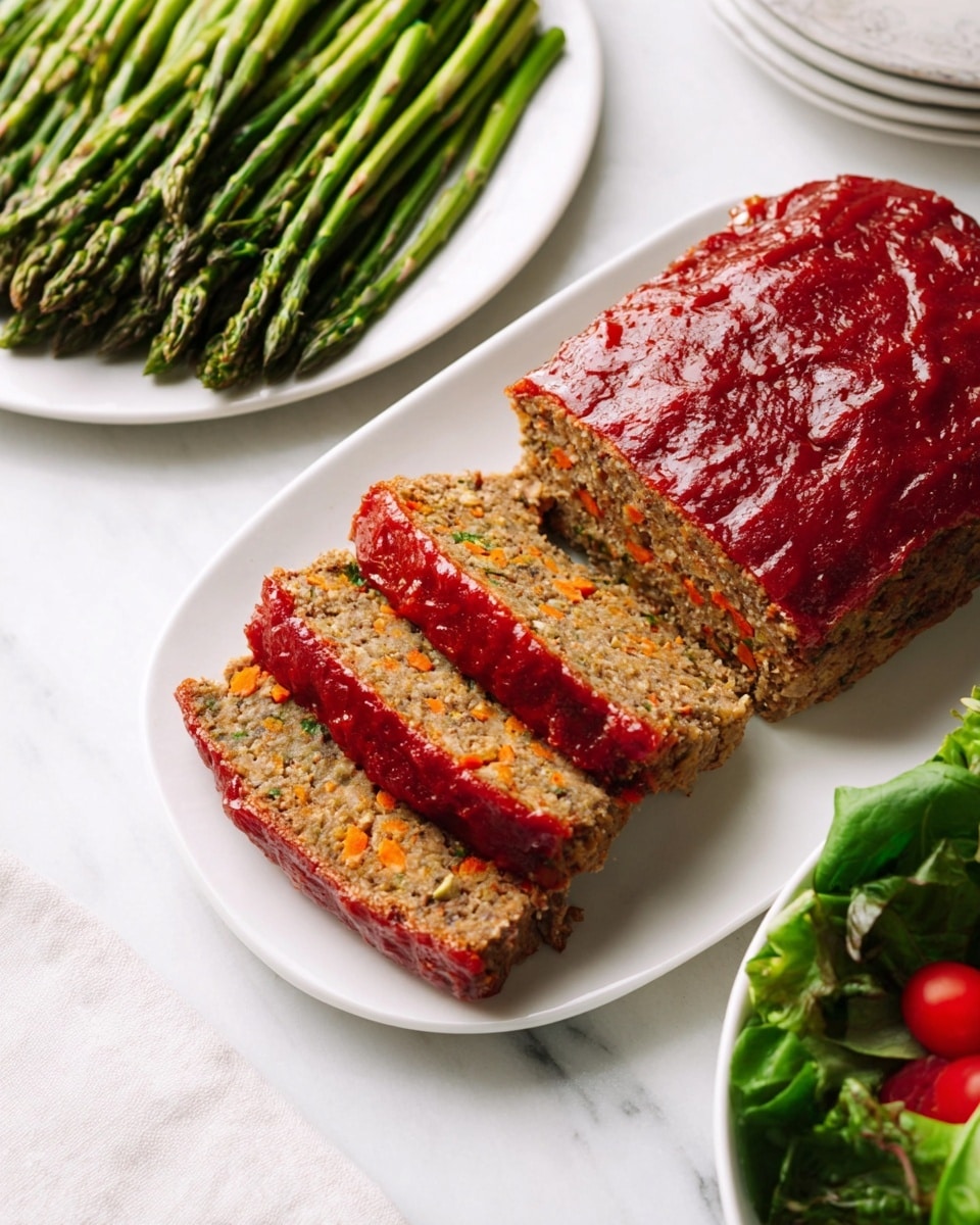 A white plate holds a rectangular meatloaf with a shiny red glaze on top, showing three thick slices cut from the front, revealing a dense inside with small orange carrot pieces and mixed textures. To the upper left, a white plate is filled with bright green asparagus stalks stacked neatly. In the bottom right corner, part of a salad bowl with fresh dark green leaves and small red cherry tomatoes is visible. The scene is set on a white marbled surface with soft natural light. photo taken with an iphone --ar 4:5 --v 7