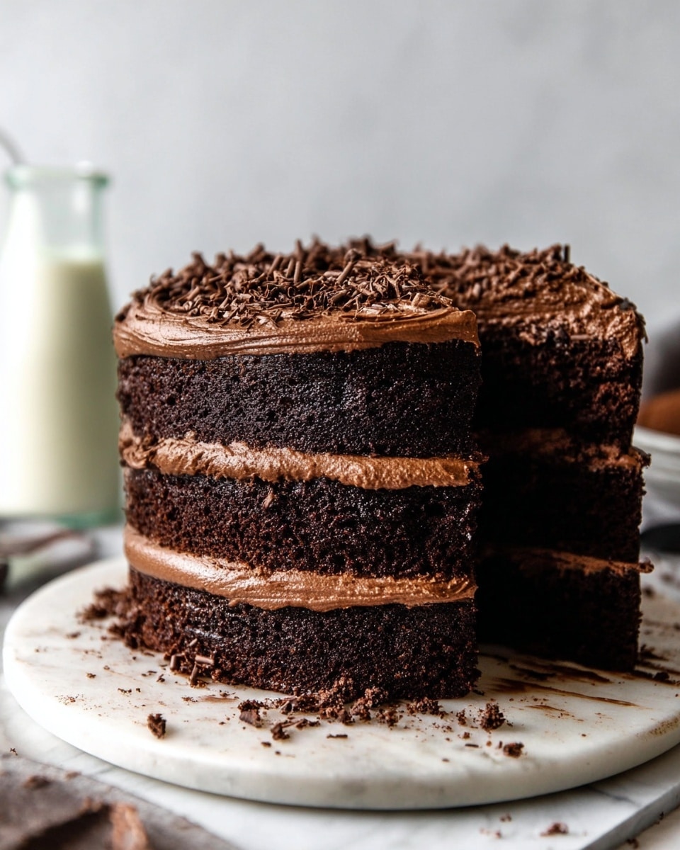 The image shows a three-layer chocolate cake on a white marble plate with crumbs and chocolate smudges around it. Each layer is dark and moist, separated by a smooth milk chocolate frosting. The top layer is covered with thick chocolate frosting and decorated with small chocolate shavings. The background is a white marbled surface with a blurred bottle of milk behind the cake. Photo taken with an iphone --ar 4:5 --v 7