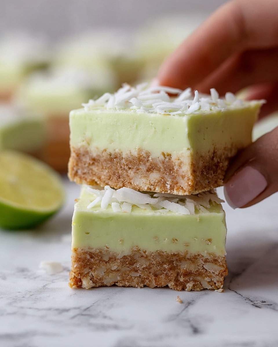 The image shows two square dessert bars stacked on top of each other, each bar having two clear layers. The bottom layer is a thick, crumbly, light brown base with visible small pieces of coconut or nuts inside. The top layer is a smooth, pale green creamy frosting that is slightly thick and covers the entire base. Thin white coconut flakes are sprinkled on top of the frosting. A woman's fingers are gently holding the top bar from the sides, lifting it slightly. A sliced lime is partly visible at the bottom left on a white marbled surface. The background also has blurred similar dessert bars. photo taken with an iphone --ar 4:5 --v 7