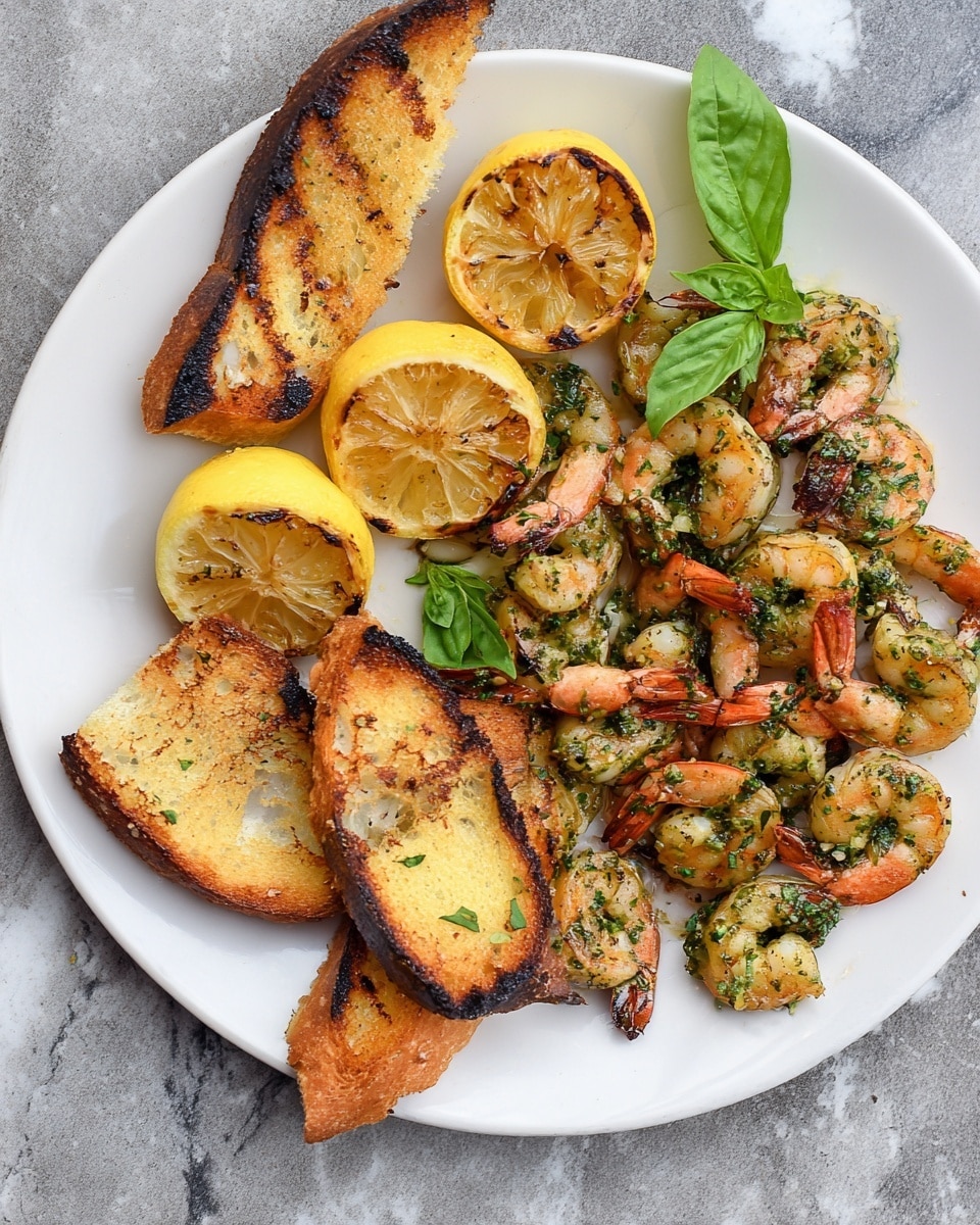 The dish shows a white plate on a white marbled surface filled with grilled shrimp that have a green herb coating and some char marks, piled on one side. Next to the shrimp are two grilled lemon halves with a slightly charred surface and bright yellow inside. There are fresh green basil leaves around the lemons. Around the shrimp and lemons are several pieces of toasted bread that are golden brown to dark brown on the edges with visible garlic and herb seasoning. Some pieces of toasted bread are also scattered on the white marbled surface around the plate. Photo taken with an iphone --ar 4:5 --v 7