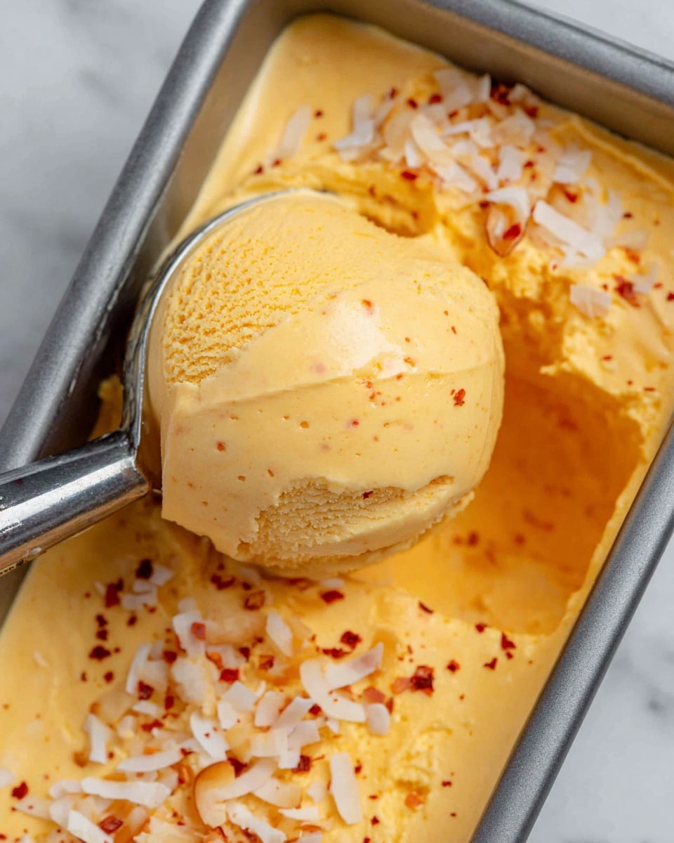 A close-up shows a scoop of smooth, creamy yellow-orange ice cream being lifted from a metal container. The ice cream has a soft texture with a few small specks inside, and it sits on top of a thicker layer of the same ice cream, which is sprinkled with small red spice flakes and white coconut flakes. The edges of the container are visible. The photo is taken on a white marbled surface. Photo taken with an iphone --ar 4:5 --v 7