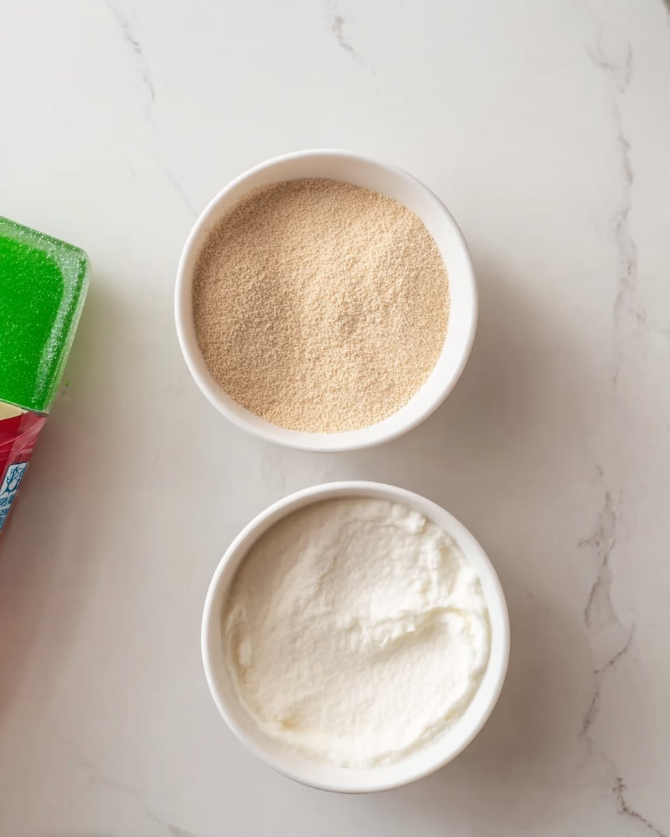 The image shows two small white bowls placed on a white marbled surface. The top bowl contains a light brown, fine powder that looks smooth and evenly filled. The bottom bowl is filled with a white, creamy substance that has a soft, slightly uneven texture on the surface. To the left side of the bowls, a small part of a green and red jelly cup and a box are visible, but slightly out of focus. The overall look is clean and simple, with sharp lighting highlighting the details of the textures in both bowls. photo taken with an iphone --ar 4:5 --v 7