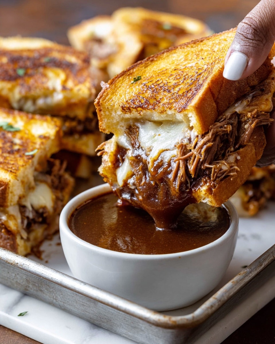A close-up of a woman's hand holding a sandwich slice with two layers of toasted golden-brown bread, filled with shredded brown meat and melted white cheese with a slightly gooey texture. The sandwich is being dipped into a small white bowl filled with thick, dark brown sauce that has a glossy surface. The background shows more toasted sandwich slices stacked inside a metal tray, all on a white marbled surface. photo taken with an iphone --ar 4:5 --v 7
