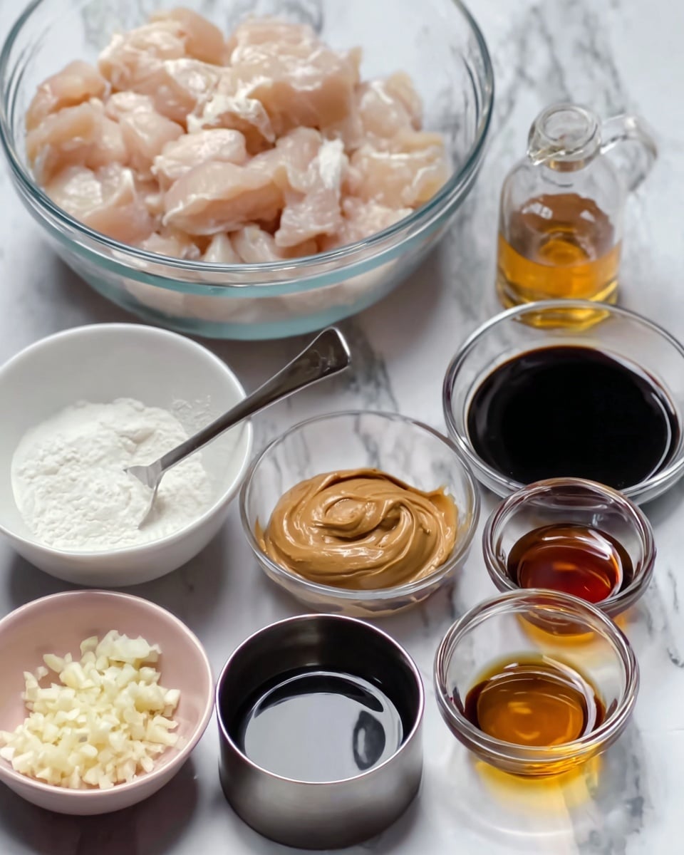 A close-up of several small white bowls and clear glass measuring cups arranged on a white marbled surface. The largest glass bowl at the back is filled with pale pink pieces of raw chicken. In front, a white bowl on the right contains creamy light brown peanut butter with a spoon. Clear glass bowls hold dark thick sauce and dark soy sauce with shiny surfaces catching light. Small glass measuring cups contain light amber liquid and clear liquid. In the front left, a pale pink bowl is filled with white powder, and a small metal bowl on the right is filled with minced garlic. Photo taken with an iphone --ar 4:5 --v 7