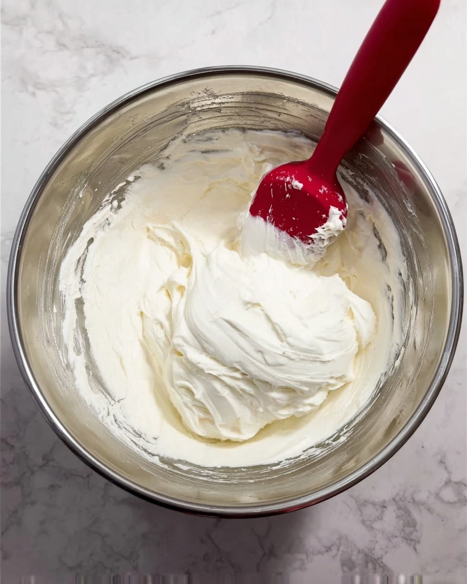A shiny metal bowl sits on a white marbled surface, filled with a large amount of thick, smooth white cream. A red spatula with some cream on its flat surface rests inside the bowl, touching the creamy mixture. The cream looks soft and fluffy, with some gentle swirls made by stirring. Photo taken with an iphone --ar 4:5 --v 7