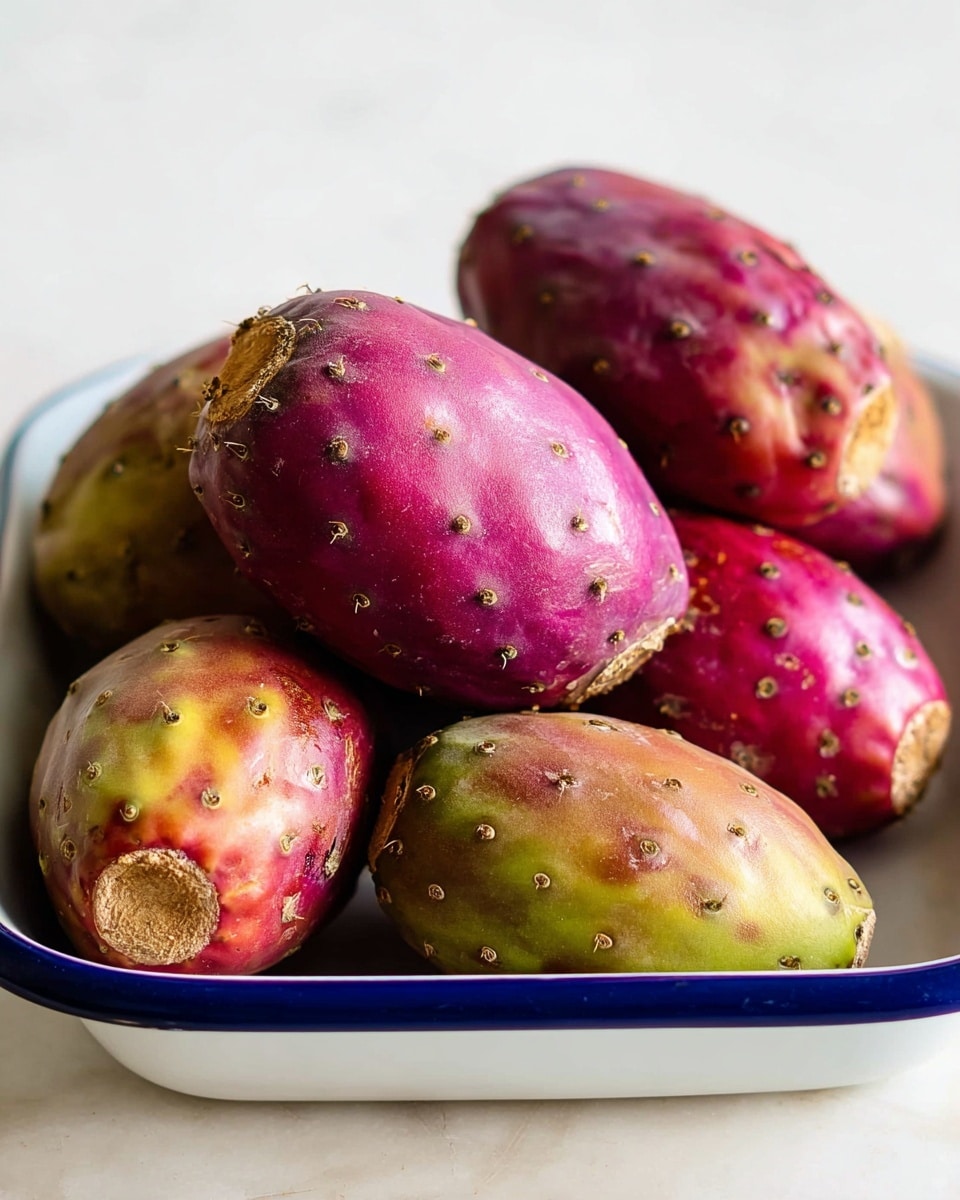 A close-up image shows five prickly pears piled in a white tray with a dark blue rim, placed on a white marbled surface. The prickly pears show a mix of deep purple, red, and green colors with small scattered bumps and rough patches on their skin. The fruits have an oval shape and are stacked in two layers with three prickly pears at the bottom and two on top, displaying a natural, textured look. The background is plain white, making the vibrant colors of the prickly pears stand out clearly. photo taken with an iphone --ar 4:5 --v 7