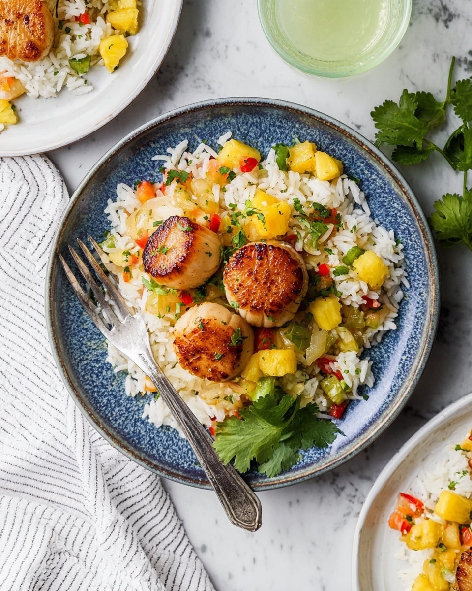 A white plate with a blue inner surface holds a dish made of three brown seared scallops placed on a bed of white rice mixed with yellow pineapple chunks and small pieces of red and green vegetables, garnished with green herbs and a green cilantro leaf on the side. A silver fork rests on the left edge of the plate. Surrounding the main plate are parts of other white plates with similar food, and a clear glass with a light green drink on a white marbled surface, next to a striped white cloth. Photo taken with an iphone --ar 4:5 --v 7