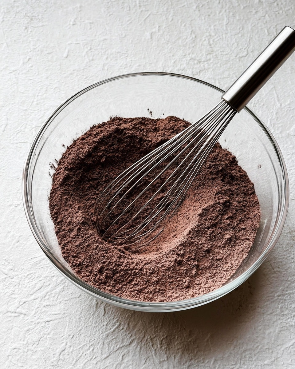 A clear glass bowl filled with a single layer of dry, dark brown cocoa powder mixed with flour, showing a soft, powdery texture with some small lumps and light creases on the surface; a silver metal whisk with thin wires is placed inside the bowl, resting diagonally across the mixture. The bowl sits on a white marbled textured surface. photo taken with an iphone --ar 4:5 --v 7