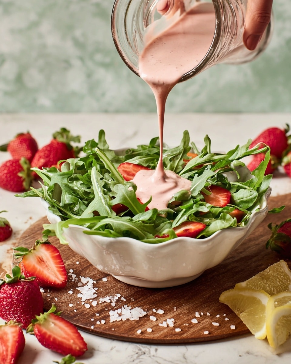 The image shows a white scalloped bowl filled with fresh, green arugula leaves. A pink creamy dressing is being poured over the arugula from a clear glass container held by a woman's hand, drizzling smoothly in the center. Around the bowl on a wooden board, there are fresh red strawberries, some whole and some sliced, with a partially visible lemon wedge. The surface underneath has a white marbled texture with scattered salt crystals. Photo taken with an iphone --ar 4:5 --v 7