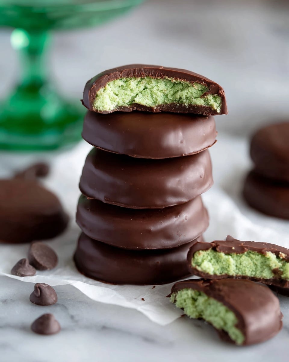 The image shows a stack of five round chocolate-covered treats on a white marbled surface with a piece of white parchment paper underneath. The treats have a smooth, shiny dark brown chocolate coating and a bright green, fluffy center visible in the top treat, which is broken in half and placed on top of the stack. Behind the stack, there is another small pile of similar treats and one split in half. Scattered chocolate drops are placed near the treats. The background includes a blurred green glass stand, adding a subtle splash of color. Photo taken with an iphone --ar 4:5 --v 7