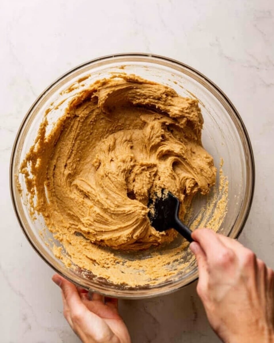 In the image, a clear glass bowl sits on a white marbled surface, filled with thick, light brown dough that has a slightly rough texture. A woman's hand holds a black spatula, mixing the dough in the bowl, while another woman's hand steadies the bowl from above. The dough spreads across the inside of the bowl in uneven, swirling patterns, showing the process of mixing. The overall scene focuses on the texture and color of the dough and the hands working with it. photo taken with an iphone --ar 4:5 --v 7
