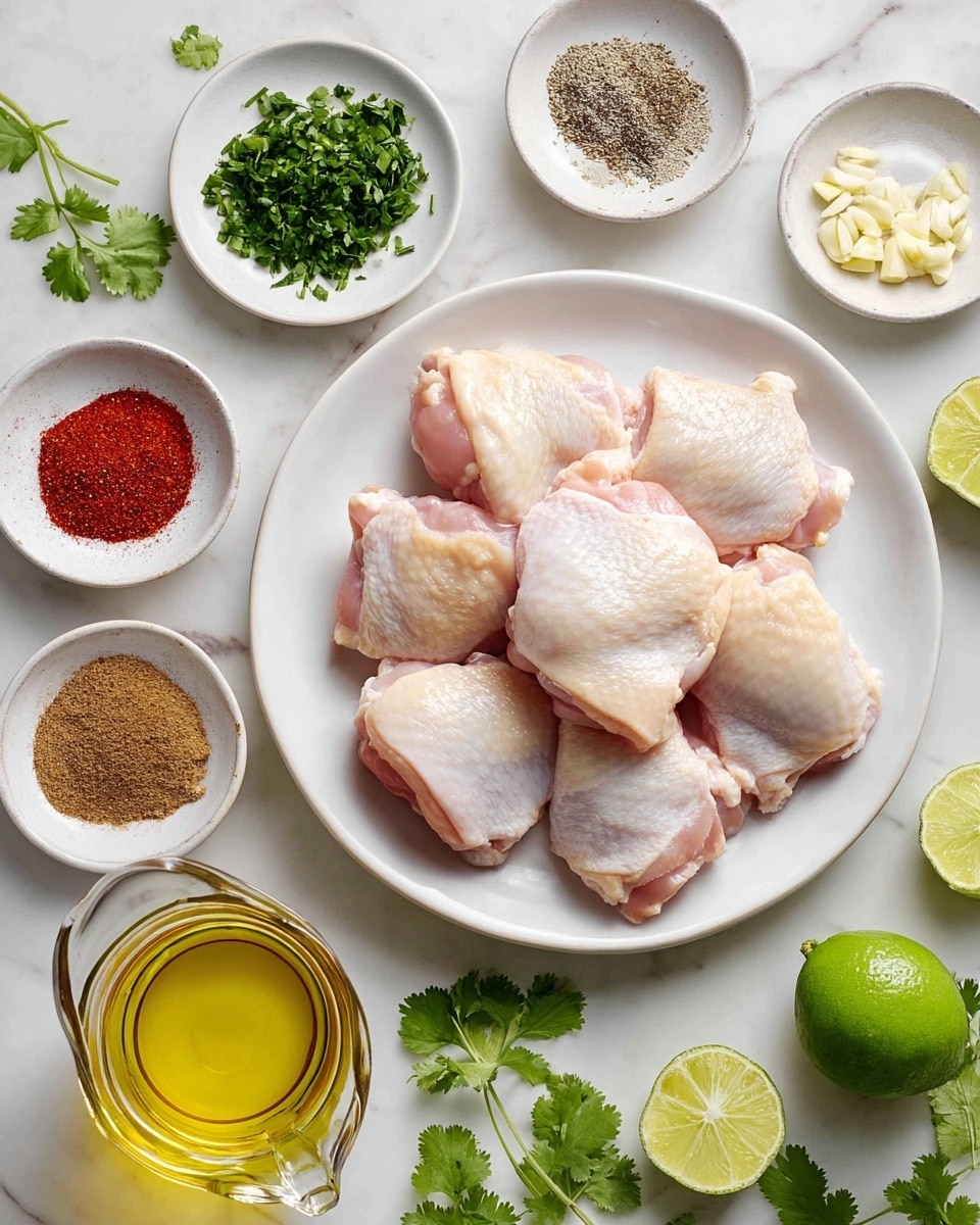 A white plate sits at the center with eight pieces of raw chicken thighs, pale pink with some white fat, arranged close together in two overlapping layers. Around the plate are small white bowls containing various ingredients: finely chopped green cilantro on the top left, minced garlic to the right, a mix of salt and black pepper below the cilantro, deep red paprika powder below that, and ground brown cumin at the bottom left. To the right side, there is a clear glass measuring cup filled with golden yellow oil. At the bottom, there is a small white bowl of light green lime juice, with a whole bright green lime and a lime half next to it. Fresh cilantro leaves are scattered around on a white marbled surface photo taken with an iphone --ar 4:5 --v 7