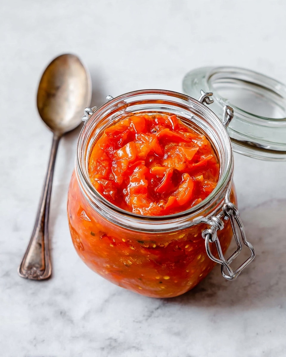 A clear glass jar with metal clasps filled with chunky red-orange sauce made from small pieces of cooked peppers and tomatoes, showing a mix of smooth and slightly textured layers. The jar is placed on a white marbled surface with its glass lid open and resting nearby. Next to the jar, on the left side, lies a vintage silver spoon. The colors are bright and warm, mainly reds and oranges with some hints of seeds and bits of vegetable skin. The image is bright and natural looking. photo taken with an iphone --ar 4:5 --v 7