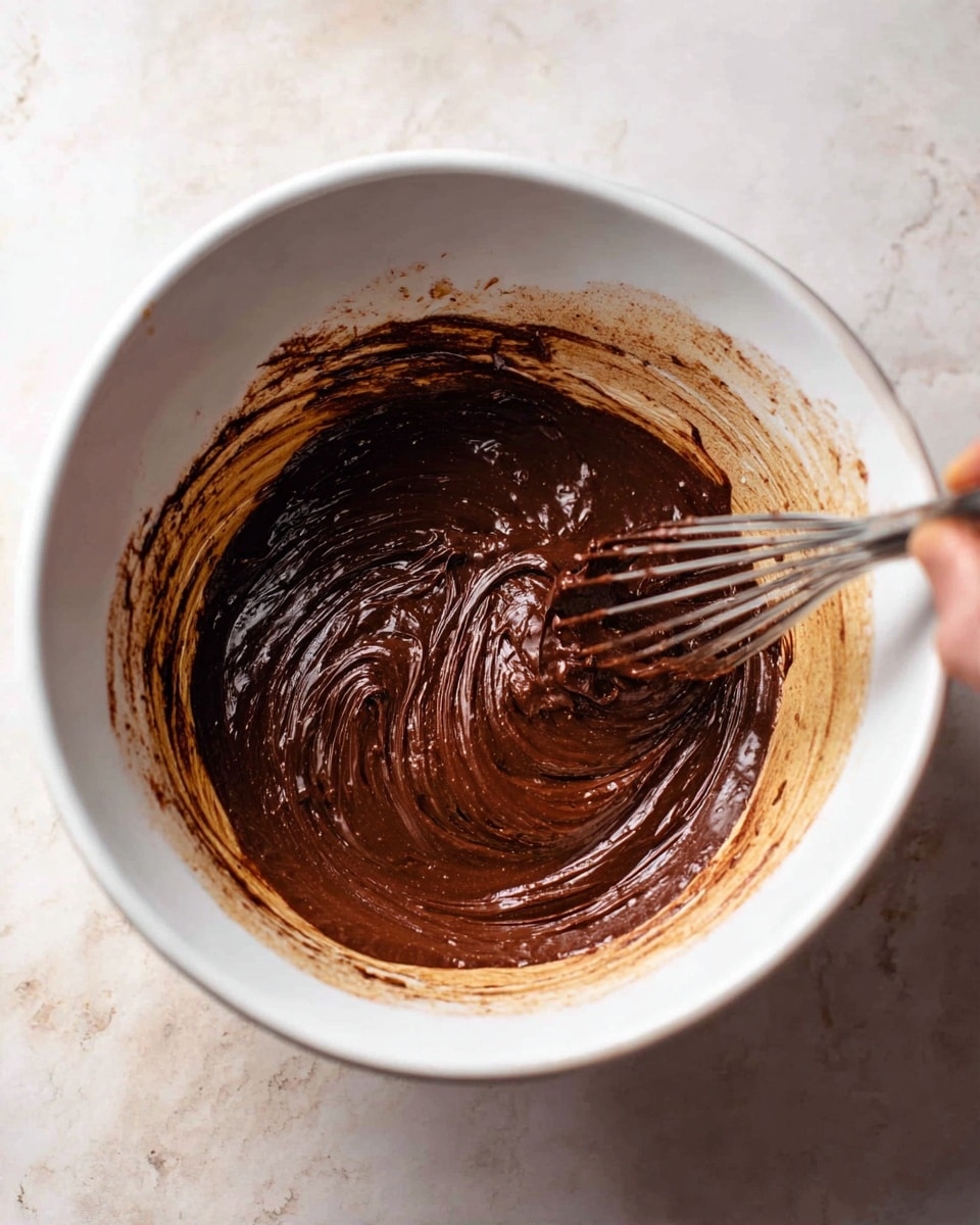 A white bowl holds a rich dark brown chocolate mixture with smooth swirls and a glossy texture, showing some lighter brown streaks where the ingredients are mixing. A metal whisk is partially inside the bowl, held by a woman's hand blurred in motion as it stirs the thick chocolate batter. The bowl sits on a white marbled surface, and some chocolate drips are visible on the bowl’s edges. photo taken with an iphone --ar 4:5 --v 7