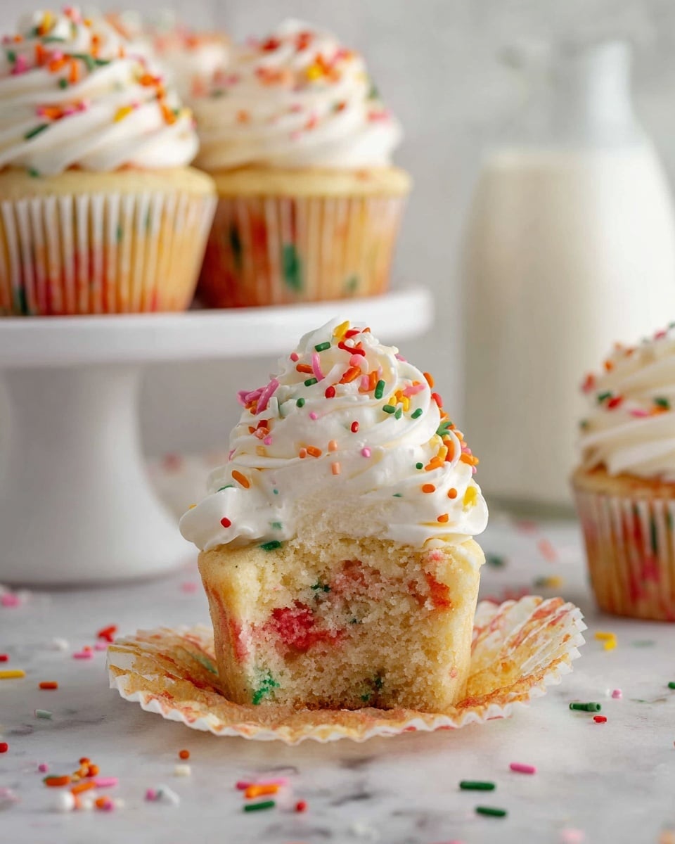 A close-up of a single cupcake with three swirled layers of white frosting on top, decorated with colorful sprinkles in red, orange, yellow, green, pink, and white. The cupcake itself shows a light beige texture with visible bits of red, green, and pink sprinkles inside the cake. The cupcake liner is peeled back halfway, revealing the moist and crumbly inside. In the background, there are more cupcakes on a white cake stand and a glass bottle of milk on a white marbled surface with scattered sprinkles. The overall look is soft, bright, and inviting. Photo taken with an iphone --ar 4:5 --v 7