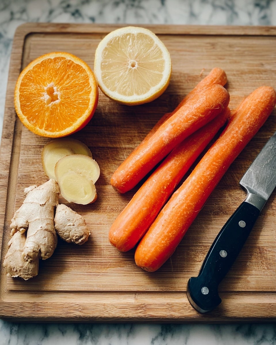 A wooden board with three bright orange carrots on the right side, next to a piece of ginger root with a small slice cut off, showing light beige inside. On the left side, there is one whole orange cut in half and two lemon halves, showing their juicy, light yellow insides and textured walls. A knife with a black handle lies on the right edge of the board. The board sits on a white marbled surface. photo taken with an iphone --ar 4:5 --v 7