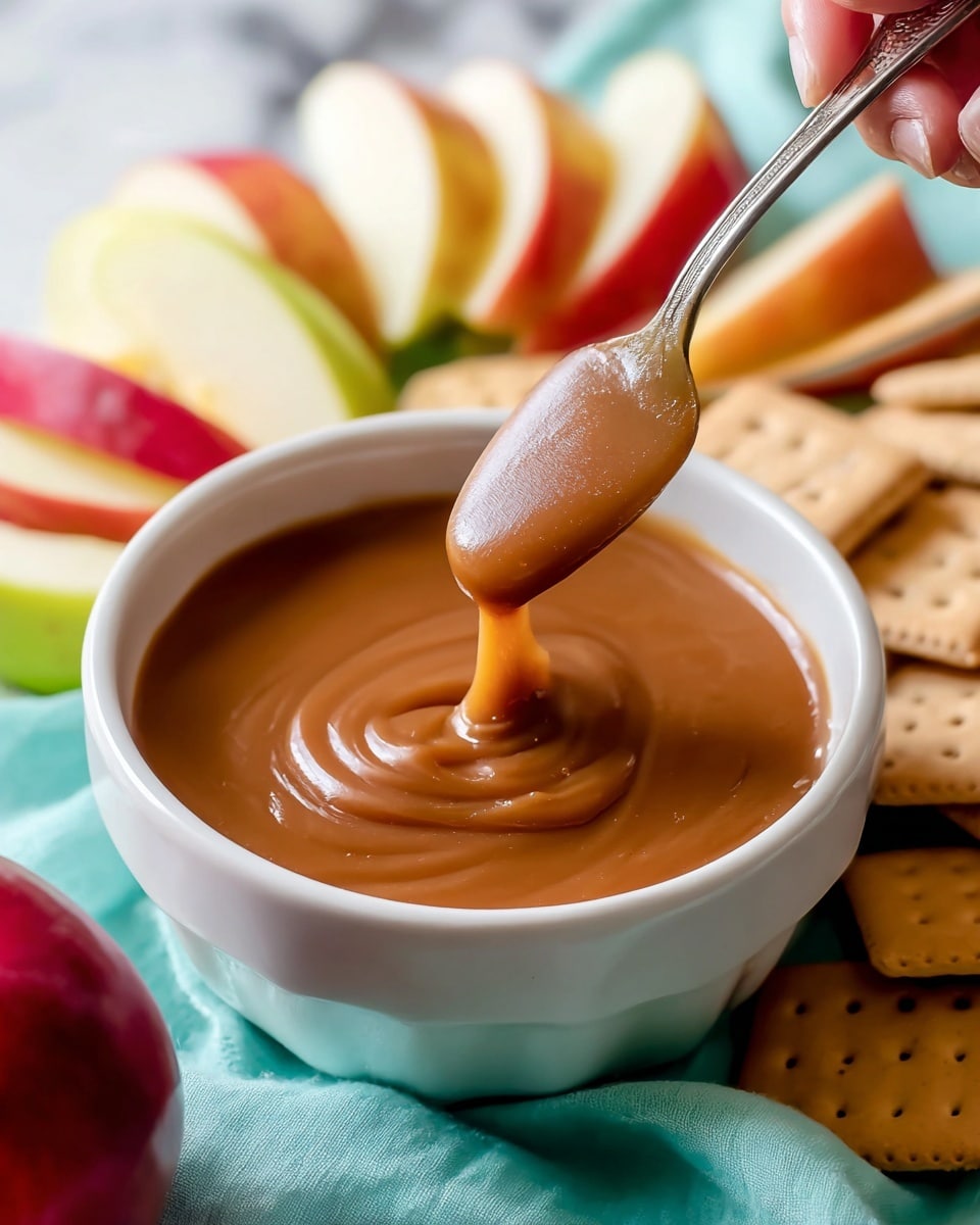 A black bowl filled with smooth, shiny caramel sauce is in the center, with a woman's hand dipping a green apple slice partially into the caramel, coating the apple with the sauce. Around the bowl on a wooden board are light green apple slices, mini pretzels with a twisted shape, and square light brown crackers neatly arranged. The surface underneath is a white marbled texture with a soft dark blue fabric edge visible below the board. The colors are warm and fresh, highlighting the contrast between the rich caramel and the crisp green apple slices photo taken with an iphone --ar 4:5 --v 7