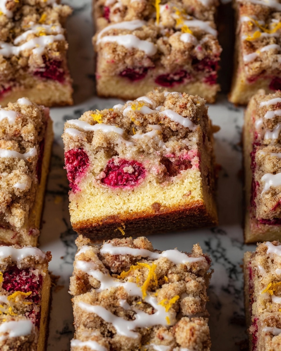 The image shows several square pieces of crumb cake arranged closely on a white marbled surface. Each piece has three layers: a light yellow cake base, a middle layer with bright red raspberries embedded in the cake, and a top thick layer of golden brown crumb topping with a crumbly texture. On top of the crumb layer, there is a white glaze drizzled unevenly and small bits of orange zest scattered across. The cake pieces vary slightly with some showing the red raspberry filling more clearly. Photo taken with an iphone --ar 4:5 --v 7