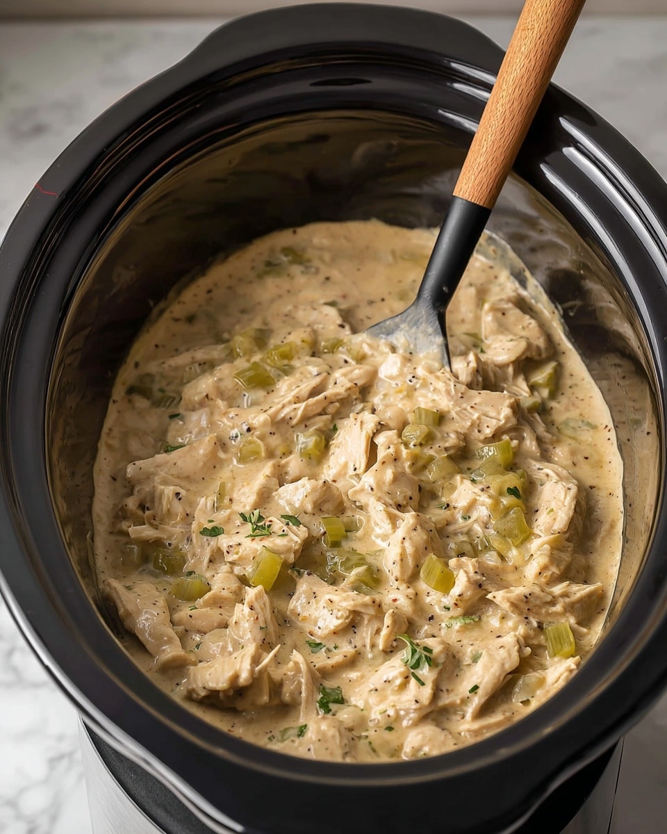 The image shows a creamy dish inside a black slow cooker with a wooden and black handle spoon stirring it. The dish has two main layers: plenty of light brown chicken pieces shredded and chopped, mixed with chopped green celery bits, all covered in a thick creamy beige sauce with visible black pepper specks and herbs. The creamy texture looks smooth with slight chunks of vegetables and meat distributed evenly. The slow cooker sits on a white marbled surface. Photo taken with an iphone --ar 4:5 --v 7