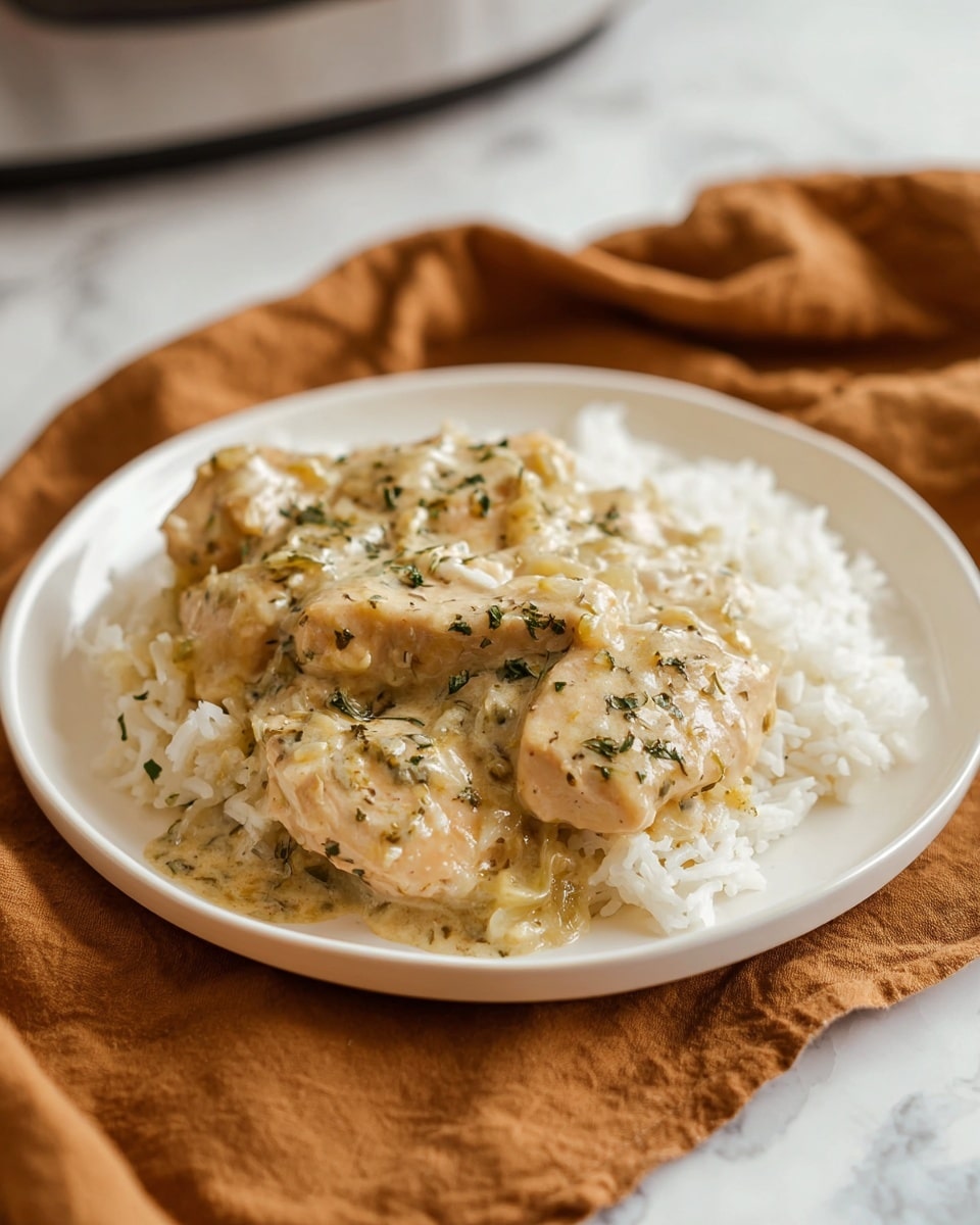 A white plate holds two layers, the bottom layer of white rice with a soft, fluffy texture, and the top layer of light beige chicken pieces covered in creamy, herb-speckled sauce with bits of green celery and onion mixed in. The sauce glistens slightly and has a smooth, thick texture, with light green herb garnish sprinkled on top. The plate is set on a soft, wrinkled brown cloth with a white marbled surface in the background. Photo taken with an iphone --ar 4:5 --v 7