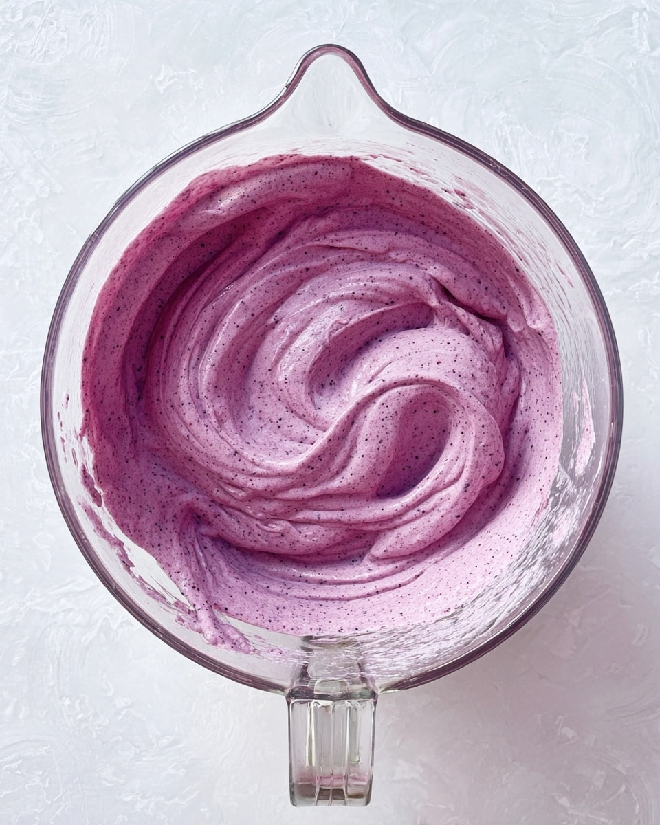 A clear glass bowl with a handle is filled with a thick, smooth, purple mousse-like mixture that has darker purple specks mixed in. The mixture has been spread evenly inside the bowl with soft swirls and peaks visible on the surface. The bowl is placed on a white marbled textured surface. photo taken with an iphone --ar 4:5 --v 7