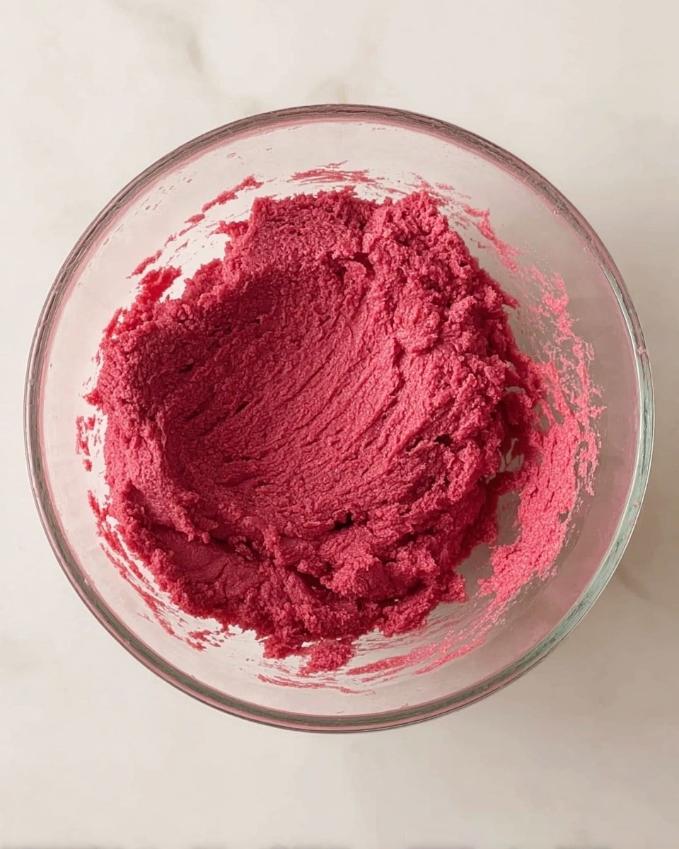 The image shows a clear glass bowl filled with a bright reddish-pink thick paste that looks creamy and slightly rough in texture. The paste is spread unevenly inside the bowl with some spaces and lines showing mixing marks. The bowl is placed on a white marbled surface, creating a clean and simple background. photo taken with an iphone --ar 4:5 --v 7