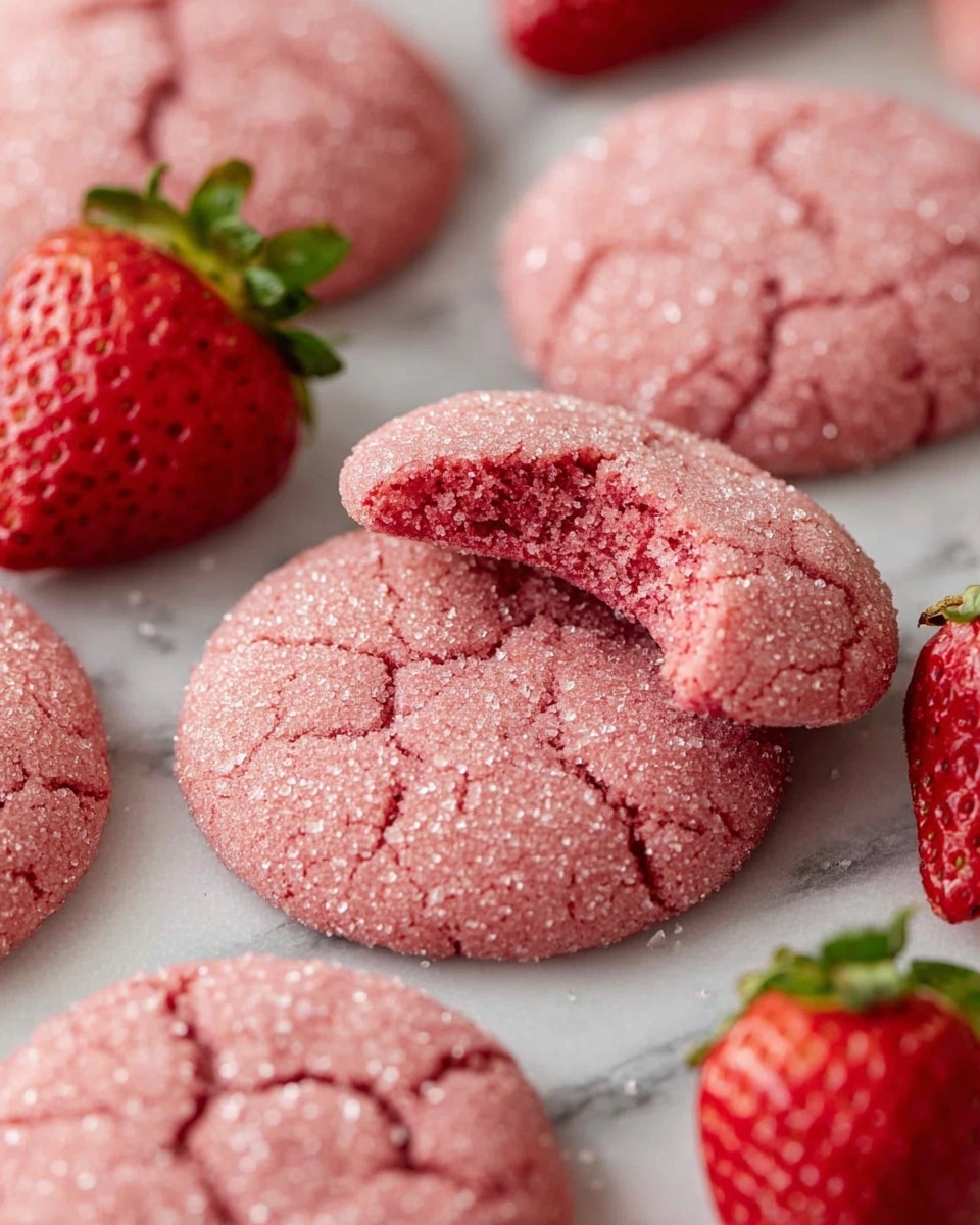 The image shows several round pink cookies with a sugar-crystal texture on top, lying on a white marbled surface. One cookie in the center has a bite taken out of it, showing a slightly darker pink interior with a soft texture. Around the cookies, there are bright red strawberries with green leafy tops, adding a fresh contrast. The cookies have a slightly cracked surface and appear soft and chewy inside. Photo taken with an iphone --ar 4:5 --v 7