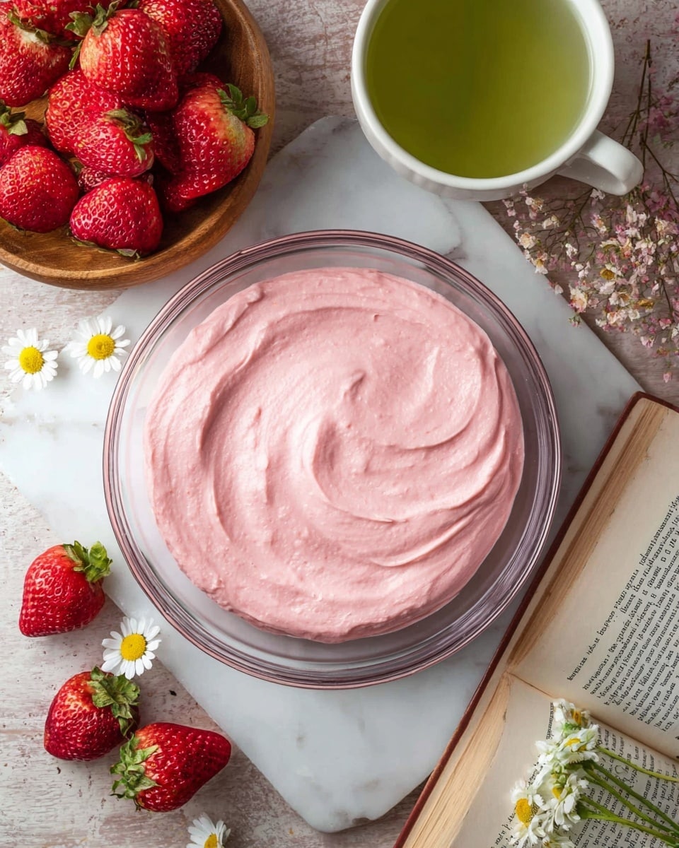 A clear glass bowl filled with smooth, creamy light pink strawberry frosting spread evenly with gentle swirls on top, placed on a white marbled surface. Around the bowl are fresh red strawberries in a wooden bowl and halved strawberries scattered on an open book with pages showing text. There are also small white daisies with yellow centers in a glass vase near the bottom right, next to a white teacup filled with pale green tea. photo taken with an iphone --ar 4:5 --v 7