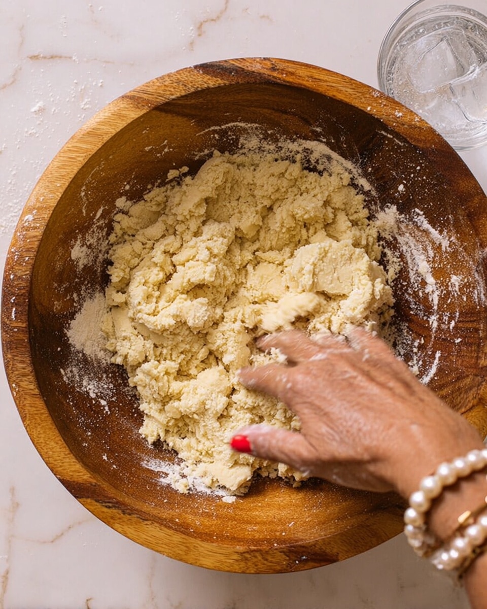 A wooden bowl filled with pale yellow dough crumbs and some larger pieces in the middle, with a woman's hand pressing and mixing the dough. The dough texture looks soft and slightly powdery, with flour dusted around the bowl edges. The bowl sits on a white marbled surface, and a glass of water with ice is placed near the bowl. The woman's hand has red nail polish and a pearl bracelet. photo taken with an iphone --ar 4:5 --v 7