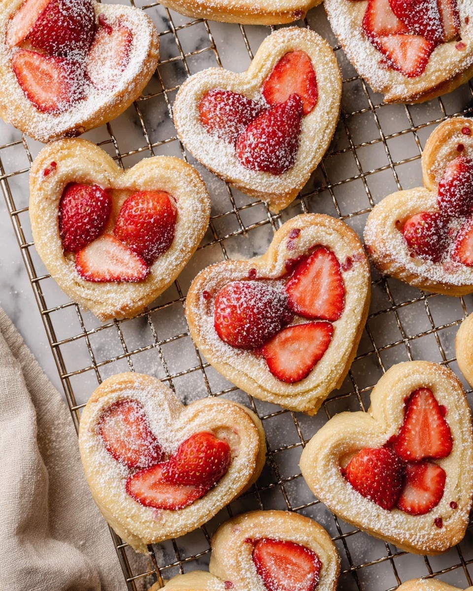 The image shows many heart-shaped pastries arranged on a metal cooling rack over a white marbled surface. Each pastry has two layers: a golden-brown baked dough base with a soft, slightly glossy texture and a topping of bright red sliced strawberries arranged in pairs near the center. The pastries are dusted evenly with white powdered sugar, giving them a light snowy look. The strawberries have a juicy texture with visible seeds and natural color variations. The background includes a soft beige cloth partially visible in the bottom left corner. The overall scene looks warm and inviting, perfect for a sweet treat. photo taken with an iphone --ar 4:5 --v 7
