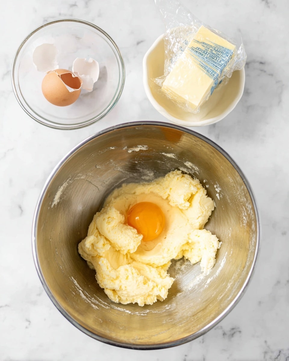 A large silver mixing bowl sits on a white marbled surface, filled with pale yellow, soft, creamed mixture surrounding a raw egg yolk in the center with some clear egg white around it; above and to the upper left, a small clear glass bowl holds a single cracked eggshell; to the upper right, a white bowl contains a wrapped block of butter with yellow and blue printed paper. photo taken with an iphone --ar 4:5 --v 7