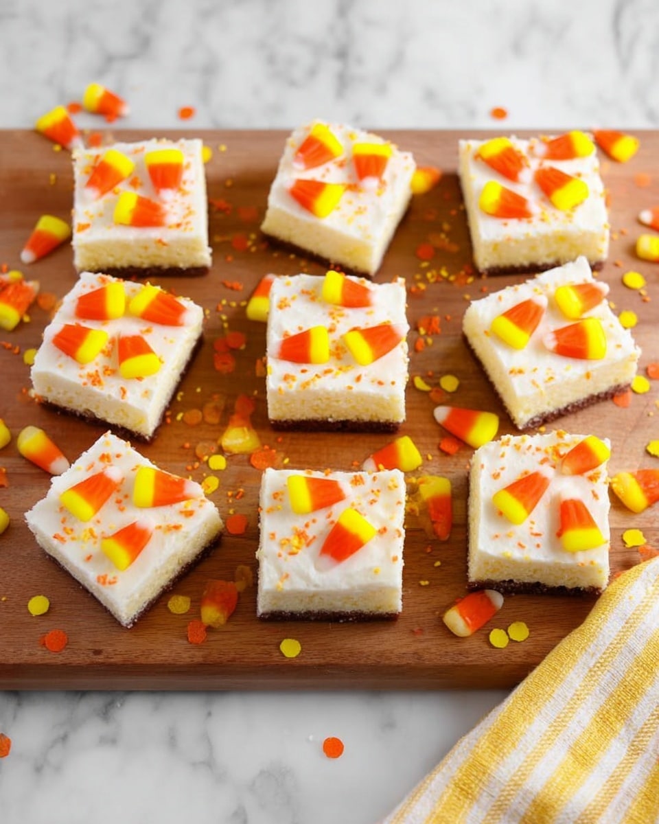 Nine square pieces of cake are arranged in a 3x3 grid on a wooden board. Each piece has two layers: a moist brown bottom layer and a thick white creamy top layer. The top is decorated with several candy corn pieces that have yellow, orange, and white colors. Small red and yellow round sprinkles are scattered across the creamy layer and around the cakes on the board. The wooden board rests on a white marbled surface, and a yellow and white striped cloth is partially visible at the right edge. photo taken with an iphone --ar 4:5 --v 7
