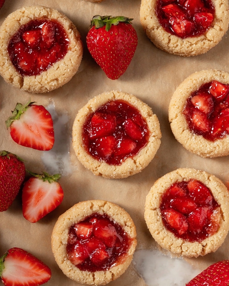 The image shows multiple small round strawberry cookies arranged on a light brown parchment paper over a white marbled surface. Each cookie has one thick layer of golden-brown crumbly dough forming the base and edges. The center of the cookie holds a thick, glossy red strawberry filling with visible chunks of fresh strawberries, giving a shiny and slightly textured look. Around the cookies, there are several whole fresh strawberries and one strawberry cut in half, placed casually. The overall look is bright and fresh, focusing on the contrast between the golden dough and the vibrant red strawberry topping. photo taken with an iphone --ar 4:5 --v 7