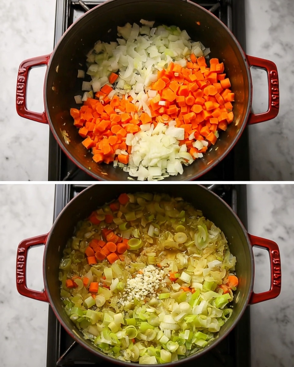 A round dark pot with red handles sits on a stove, filled with chopped vegetables. In the first image, three separate piles are visible: white chopped onions on the left, bright orange chopped carrots on the top right, and light green sliced leeks on the bottom right, each layer distinct and fresh-looking. In the second image, the contents are mixed and cooked, showing a glossy, soft mixture with a more uniform yellow-orange tone. Small pieces of finely chopped white garlic sit in the center, slightly scattered over the cooked vegetables. The pot is placed on a white marbled surface. Photo taken with an iphone --ar 4:5 --v 7