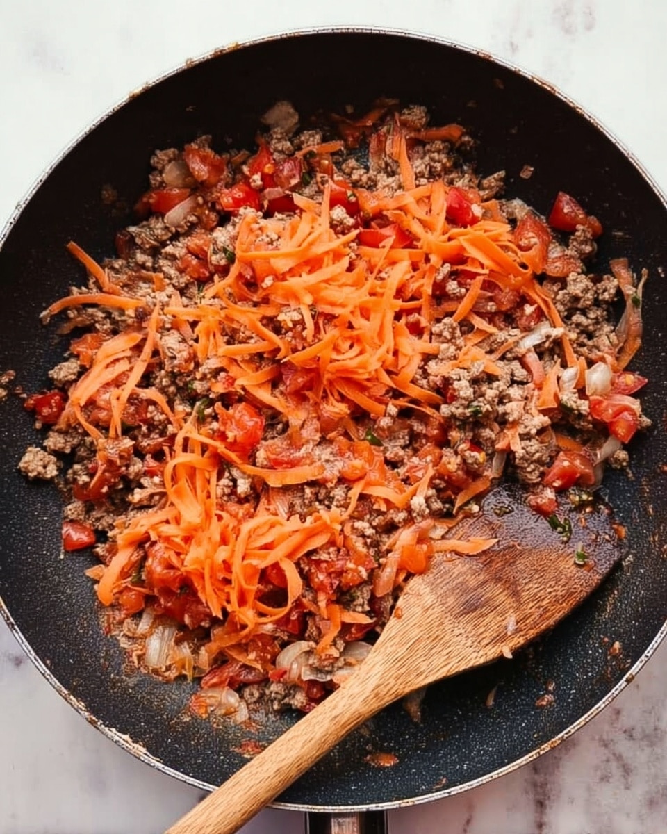 A close-up top view of a black frying pan filled with a mix of cooked ground meat, shredded orange carrots, and chopped red tomatoes. The ingredients are mixed, showing the soft texture of the meat with bright carrot shreds spread evenly on top and bits of tomato pieces scattered throughout. There is a wooden spatula resting in the pan, slightly stained from cooking, partially covering the mixture. The pan sits on a white marbled surface. photo taken with an iphone --ar 4:5 --v 7