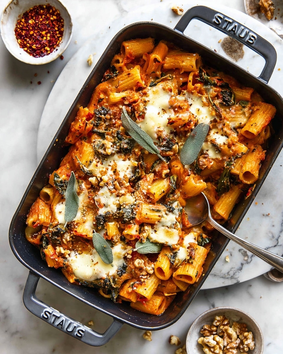 The dish is a baked pasta served in a black rectangular baking dish with the word