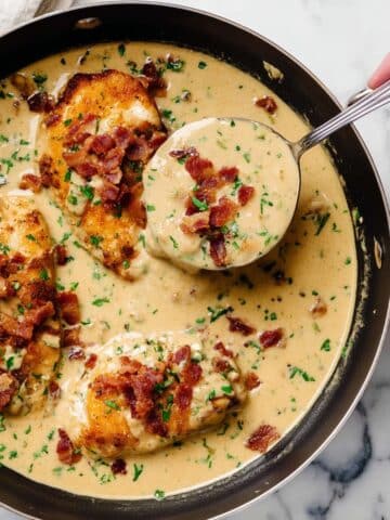 Smothered Chicken with Crispy Bacon and Creamy Onion Gravy Recipe