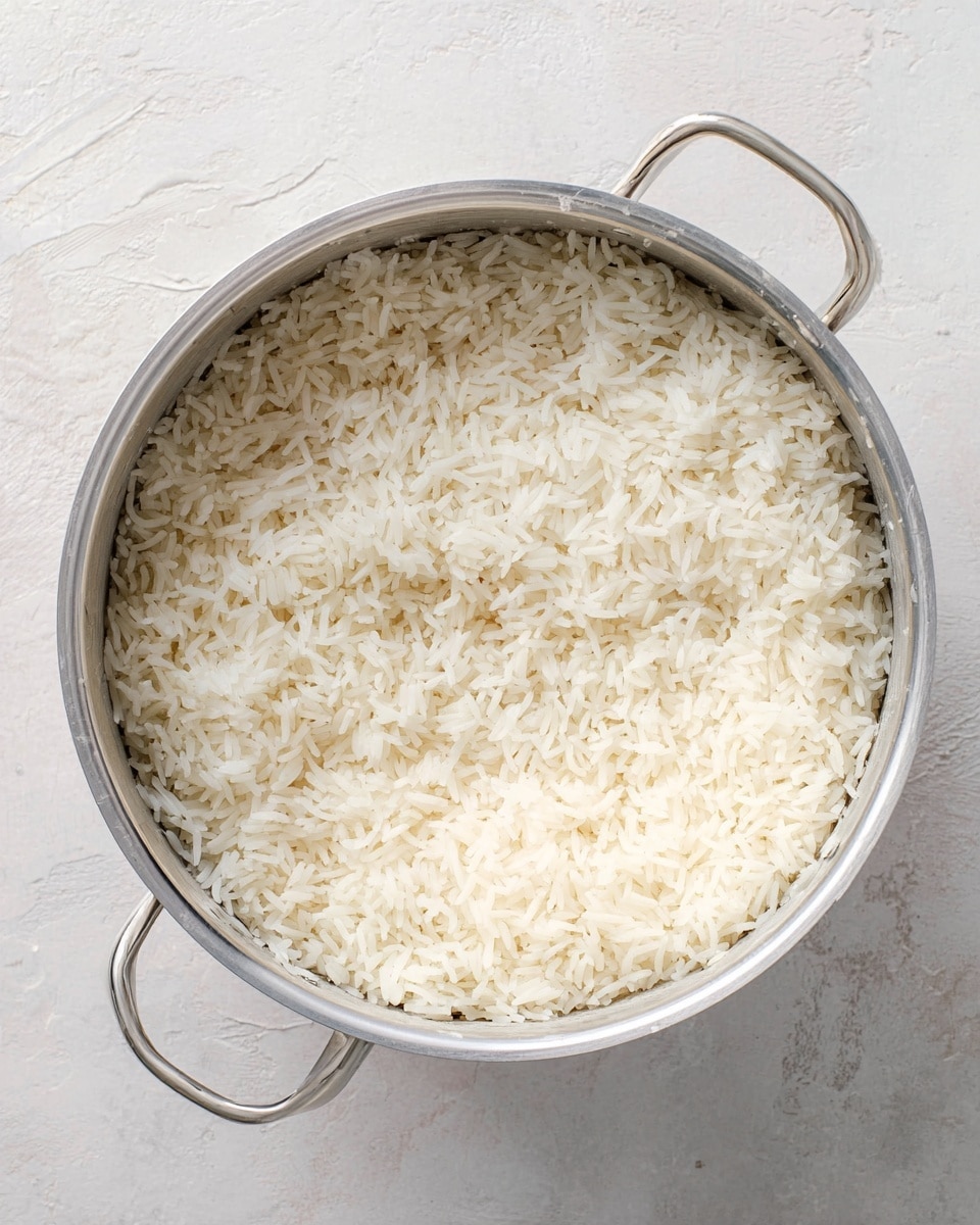 A large pot filled with a single layer of cooked white rice, with fluffy and separate grains visible. The pot is metal with a silver rim and two handles on the sides, sitting on a white marbled surface. The rice fills the pot almost to the top, showing its soft and slightly shiny texture. Photo taken with an iphone --ar 4:5 --v 7