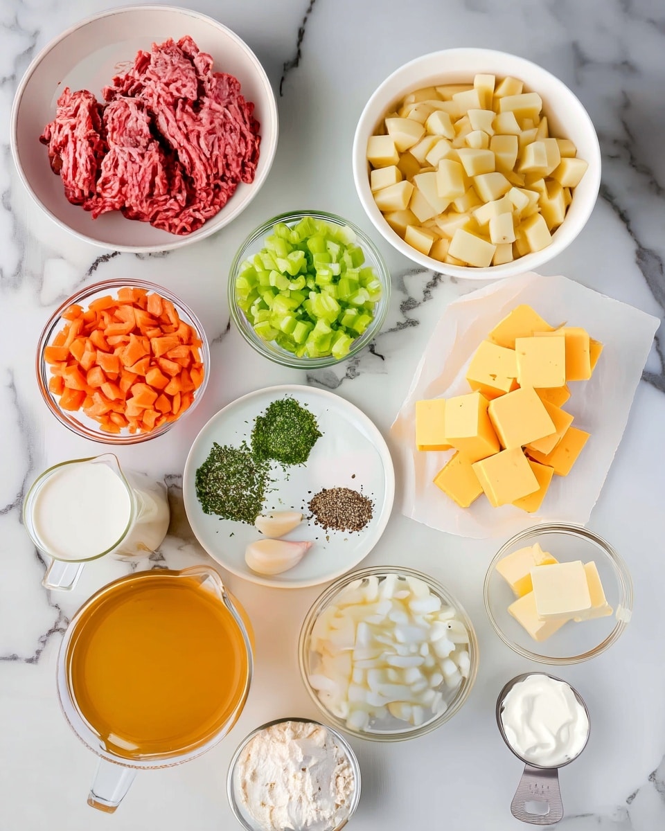 The image shows various chopped and prepared ingredients arranged neatly on a white marbled surface. There is a white bowl with raw ground meat in the upper left and another white bowl filled with cubed light yellow potatoes in the upper right. A small glass bowl contains diced bright green celery, and another small glass bowl holds diced orange carrots. In the center, a white plate has four piles of different dried herbs and ground black pepper next to two peeled garlic cloves. To the right, on parchment paper, are cubes of cheddar cheese in a white dish. At the bottom, there is a glass measuring cup filled with light orange broth, another with cream, a small bowl with chopped white onions, a small glass bowl of white flour, a metal ¼ cup scoop with sour cream, and a small glass bowl containing pale yellow butter cubes. The clean and bright layout highlights the fresh and colorful ingredients, with good lighting and a natural look. photo taken with an iphone --ar 4:5 --v 7