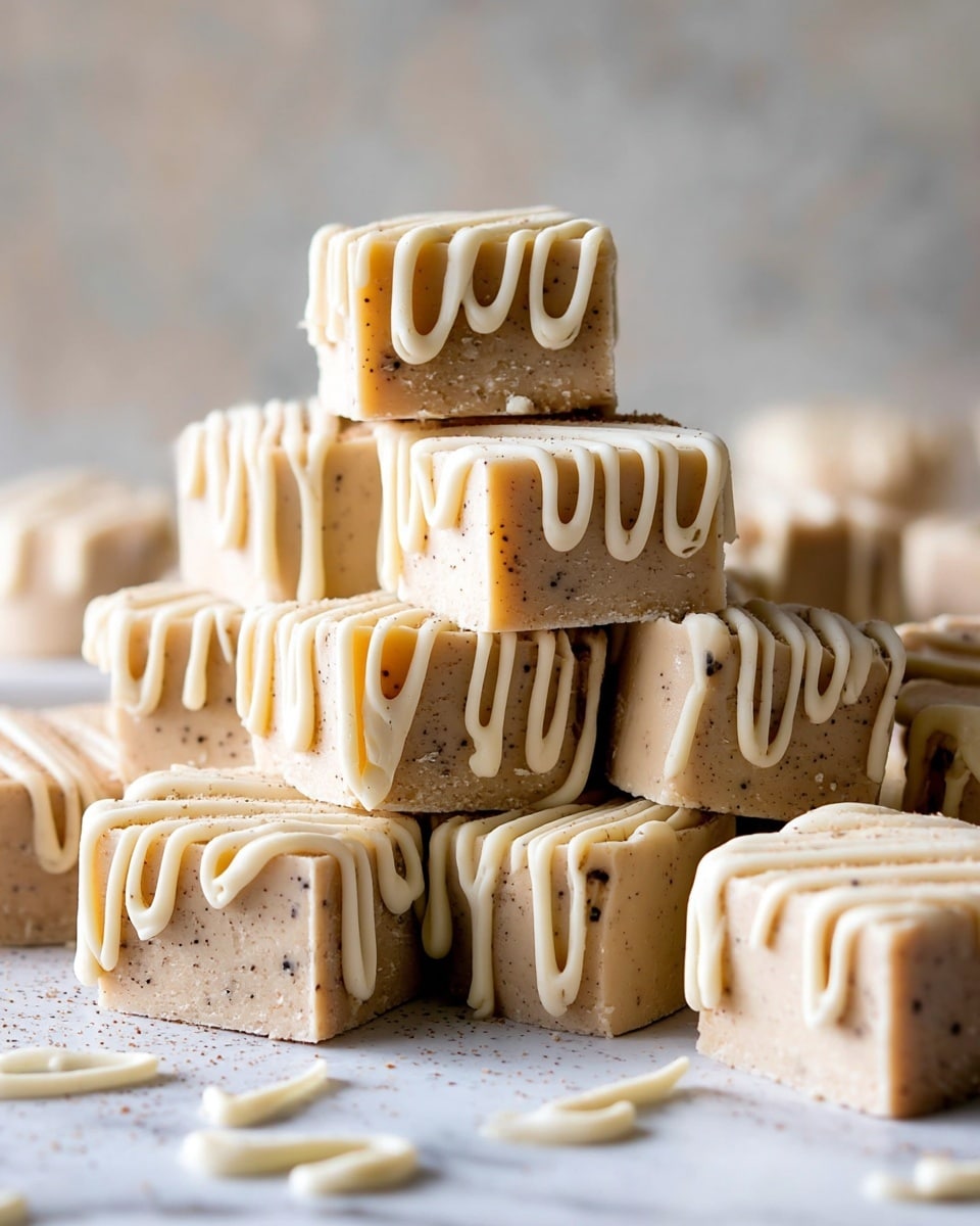 There are many square pieces of light beige fudge, each topped with a drizzle of cream-colored icing that forms wavy lines across the top and sides. The fudge pieces have tiny dark specks inside, giving them texture. The pieces are stacked in small piles and spread out on a surface with a white marbled texture. The background is soft and neutral, adding a cozy feel to the image. photo taken with an iphone --ar 4:5 --v 7