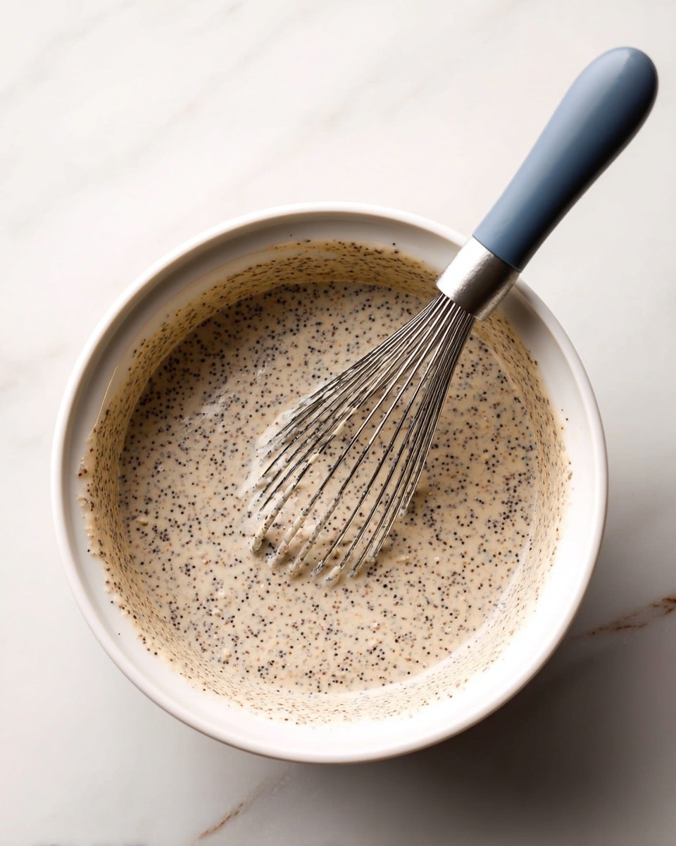A white bowl filled with a creamy mixture that has many small black specks evenly mixed throughout, giving it a speckled light gray and beige texture; a whisk with a gray and blue handle rests inside the bowl, partially covered with the mixture. The bowl is placed on a white marbled surface. photo taken with an iphone --ar 4:5 --v 7