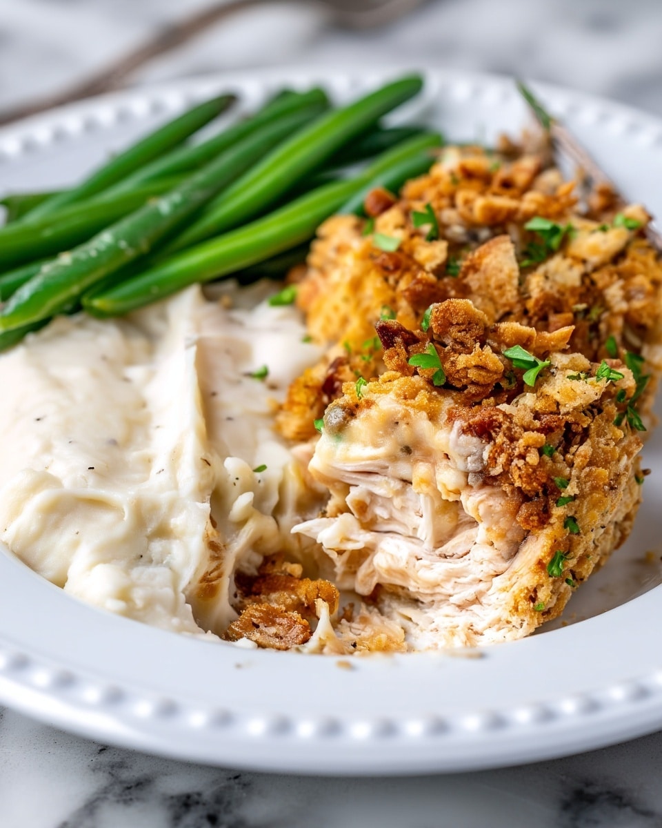 The image shows a plate with three parts: on the right, there is a portion of shredded chicken covered with a golden brown crumb topping sprinkled with small green herb pieces; the chicken looks tender and moist under the crumb layer. To the left of the chicken, there is a smooth, light beige mashed potato layer with some black pepper specks, slightly overlapping the chicken. In the background on the left side, there are several steamed green beans with a fresh green color, arranged neat and parallel. The white plate has small raised dot details around the edge and is placed on a white marbled surface. A silver fork is partially visible behind the chicken. photo taken with an iphone --ar 4:5 --v 7