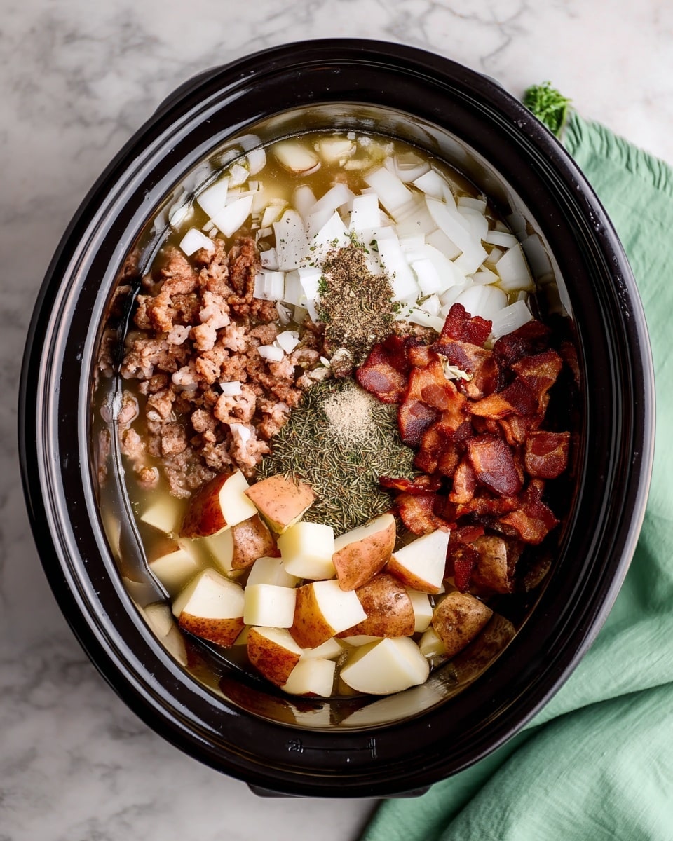 A black slow cooker filled with raw ingredients arranged visually in five sections: small ground meat pieces in light brown, chopped white onions with a slightly translucent look, crispy dark brown bacon strips, light brown cubed potatoes with skin, and a small pile of mixed dried herbs in the center. The ingredients are partially covered with light clear broth. The slow cooker sits on a white marbled surface with a green cloth visible on the right side. Photo taken with an iphone --ar 4:5 --v 7