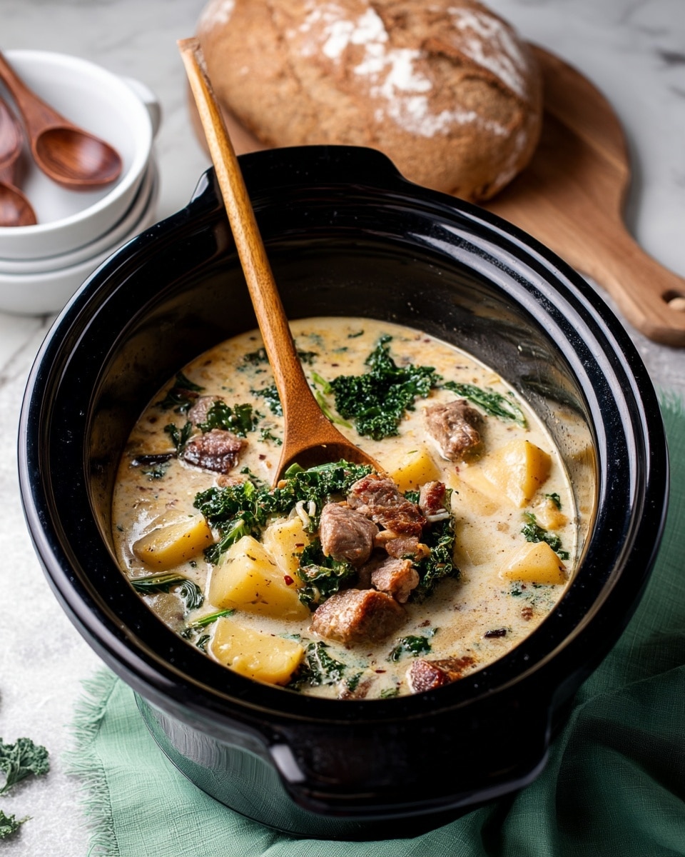The image shows a black crockpot filled with creamy soup that has three main layers visible. The base is a thick, light beige creamy broth filled with small specks of seasoning. Mixed into the broth are medium brown cooked meat pieces, dark green kale leaves with some stems, and chunks of pale yellow potatoes. A wooden spoon with a long handle rests inside the crockpot, scooping up some soup with all the ingredients. The crockpot sits on a soft, light green cloth on a white marbled surface, with a round loaf of bread on a wooden board nearby and a couple of white bowls with wooden spoons stacked on the left side. Photo taken with an iphone --ar 4:5 --v 7