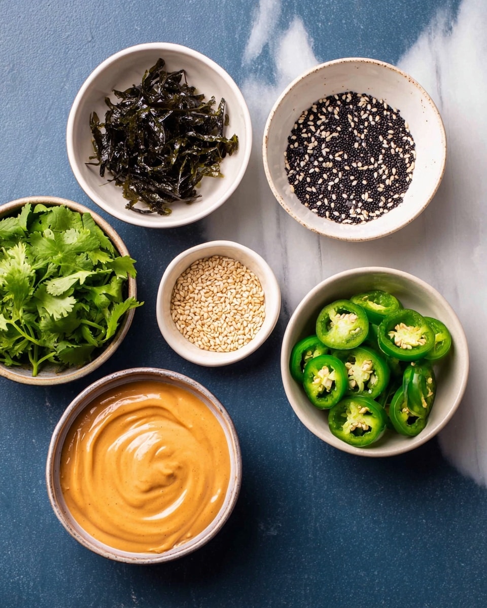 The image shows five small white bowls arranged on a white marbled surface, each holding different ingredients. The top middle bowl contains thin strips of dark seaweed, the top right bowl has black and white sesame seeds split evenly down the middle, the bottom left bowl is filled with fresh green cilantro leaves, the bottom right bowl holds bright green sliced jalapeños with visible seeds, and the center bowl is filled with a creamy orange sauce that is smooth and swirled. photo taken with an iphone --ar 4:5 --v 7
