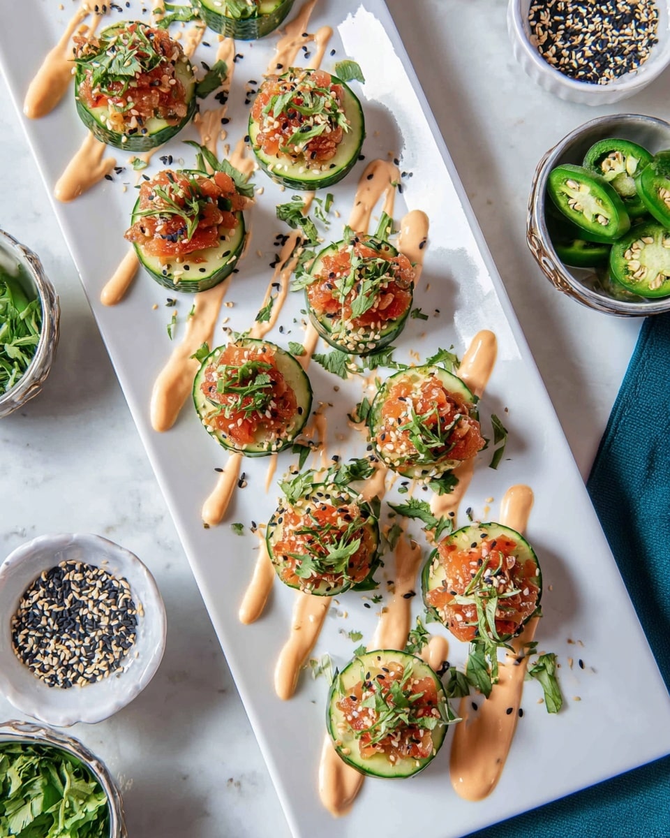A white rectangular plate holds nine round cucumber slices, each topped with a layer of orange sauce and a dollop of red diced tomato mixture. The cucumber slices are garnished with chopped green herbs and sprinkled with black and white sesame seeds. Drizzles of pale orange creamy sauce run over the cucumber stacks in an irregular pattern. The plate sits on a white marbled surface, surrounded by small bowls of green herbs, sliced jalapenos, and black and white sesame seeds. Photo taken with an iphone --ar 4:5 --v 7