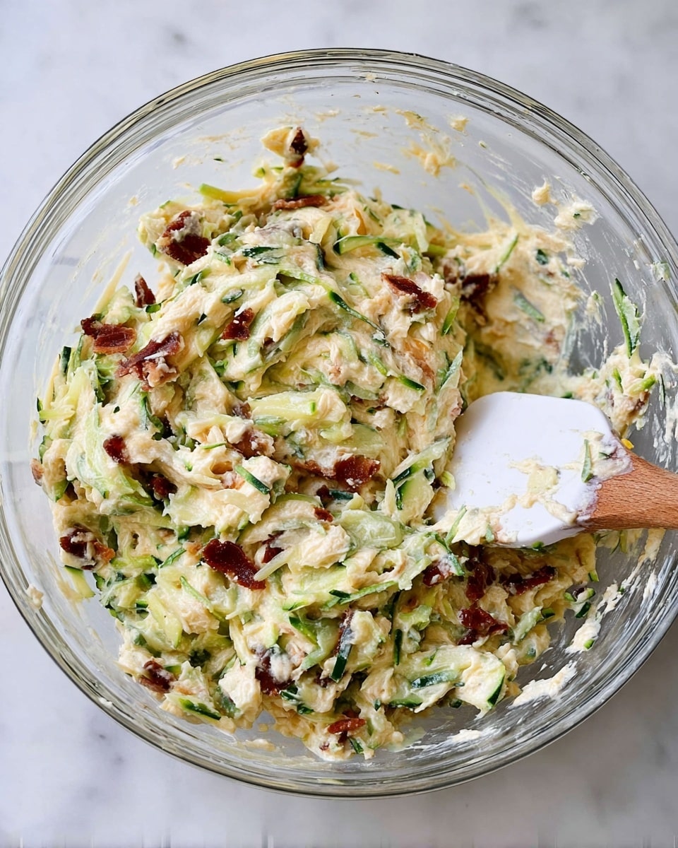 A clear glass bowl sits on a white marbled surface, filled with a mixed batter that has about three main layers: soft white creamy mixture as the base, green shredded zucchini pieces spread throughout, and scattered dark red-brown chunks of bacon-like pieces. The texture looks thick and chunky, with the green zucchini strands and brown bits clearly visible mixed into the creamy mass. A wooden-handled spatula with a white silicone head is partly inside the bowl, also covered in the mixture. Photo taken with an iphone --ar 4:5 --v 7